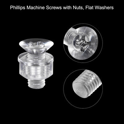 Harfington Uxcell M8 x 20mm Plastic Phillips Machine Screws with Nuts and Flat Washers, PC Flat Head Machine Bolts Transparent 20 Sets