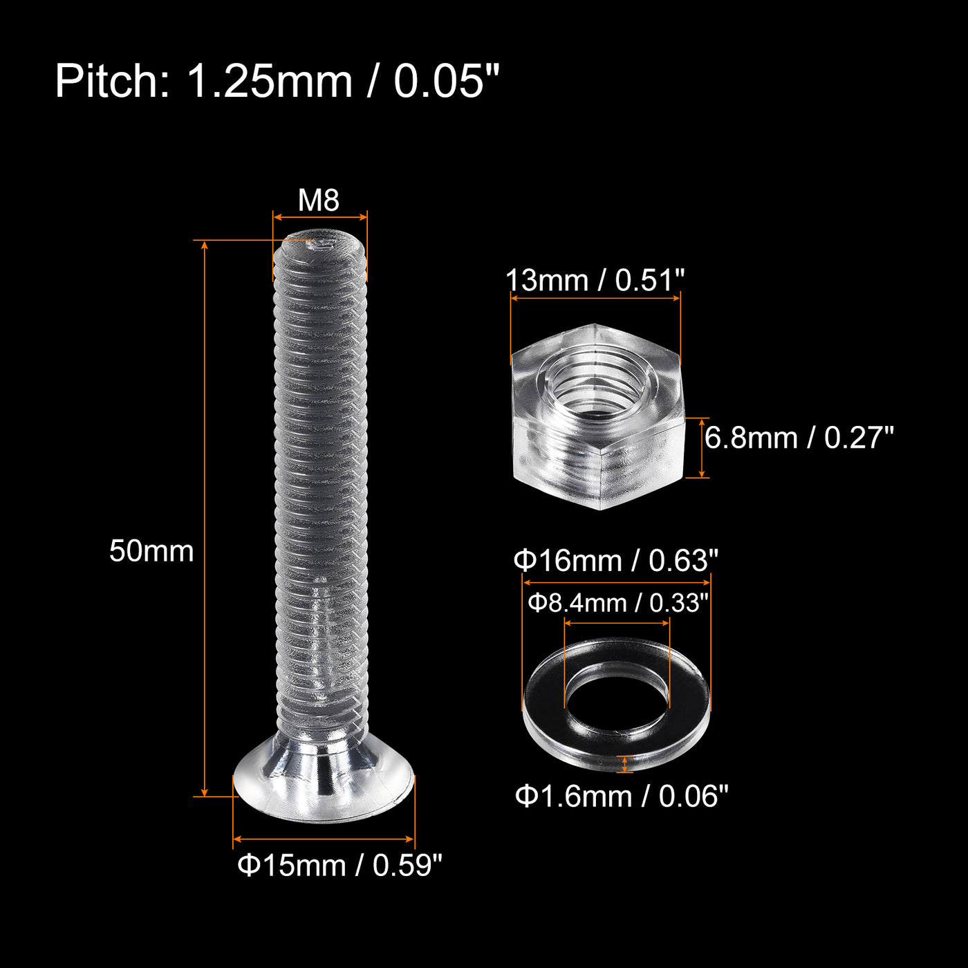 uxcell Uxcell M8 x 50mm Plastic Phillips Machine Screws with Nuts and Flat Washers, PC Flat Head Machine Bolts Transparent 20 Sets