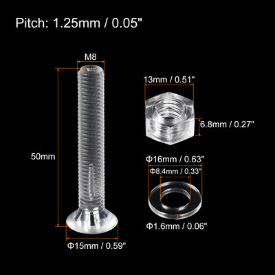 Harfington Uxcell M8 x 50mm Plastic Phillips Machine Screws with Nuts and Flat Washers, PC Flat Head Machine Bolts Transparent 20 Sets