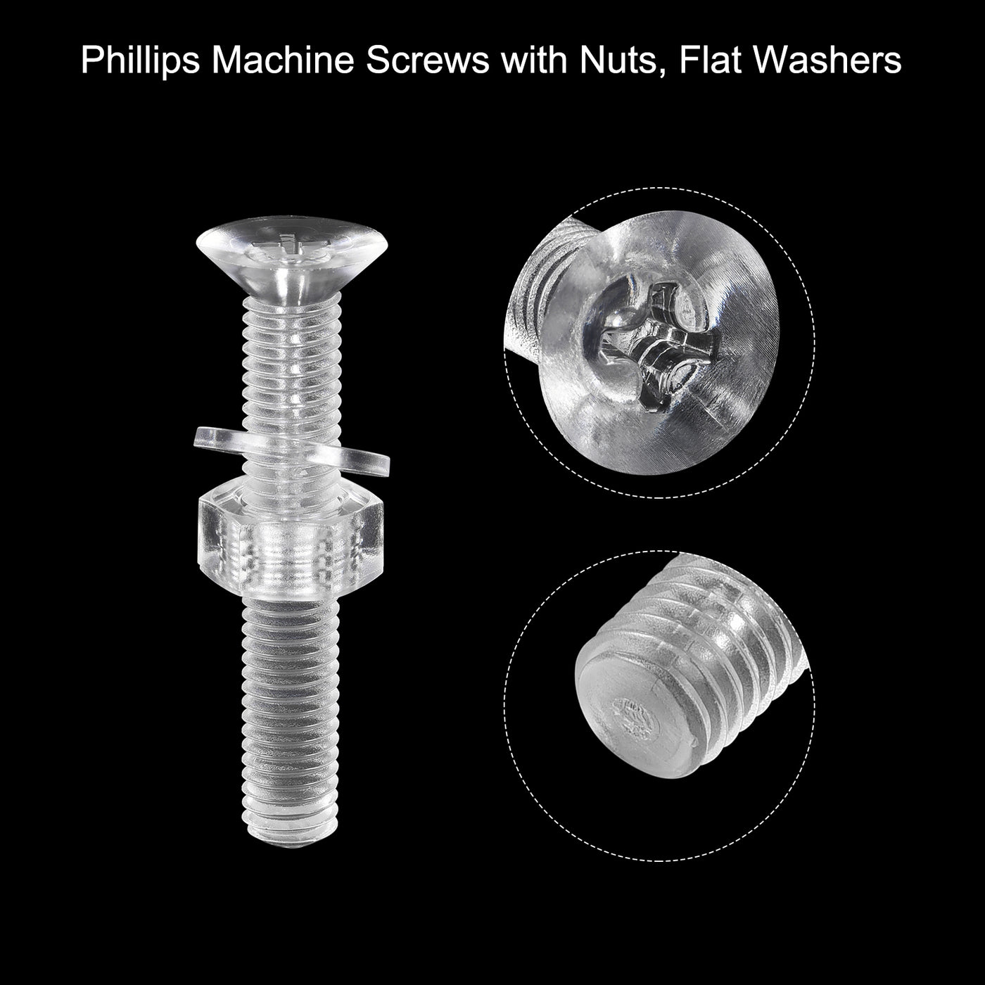 uxcell Uxcell M8 x 50mm Plastic Phillips Machine Screws with Nuts and Flat Washers, PC Flat Head Machine Bolts Transparent 20 Sets