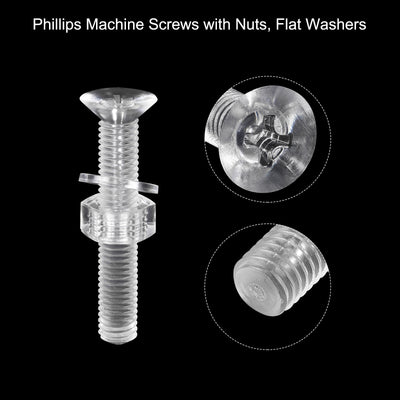 Harfington Uxcell M8 x 50mm Plastic Phillips Machine Screws with Nuts and Flat Washers, PC Flat Head Machine Bolts Transparent 20 Sets