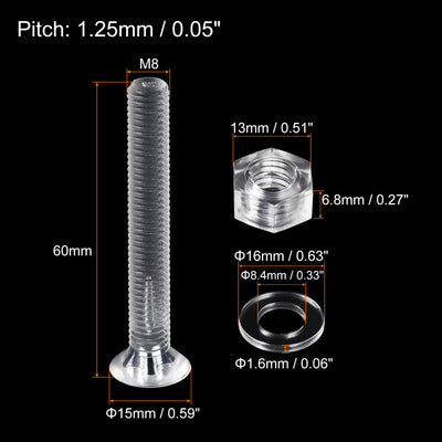 Harfington Uxcell 20 Sätze Kreuzschlitz Maschinenschrauben M8 x 60mm Kunststoff mit Muttern und Unterlegscheiben PC Flachkopf Maschinenschrauben Transparent