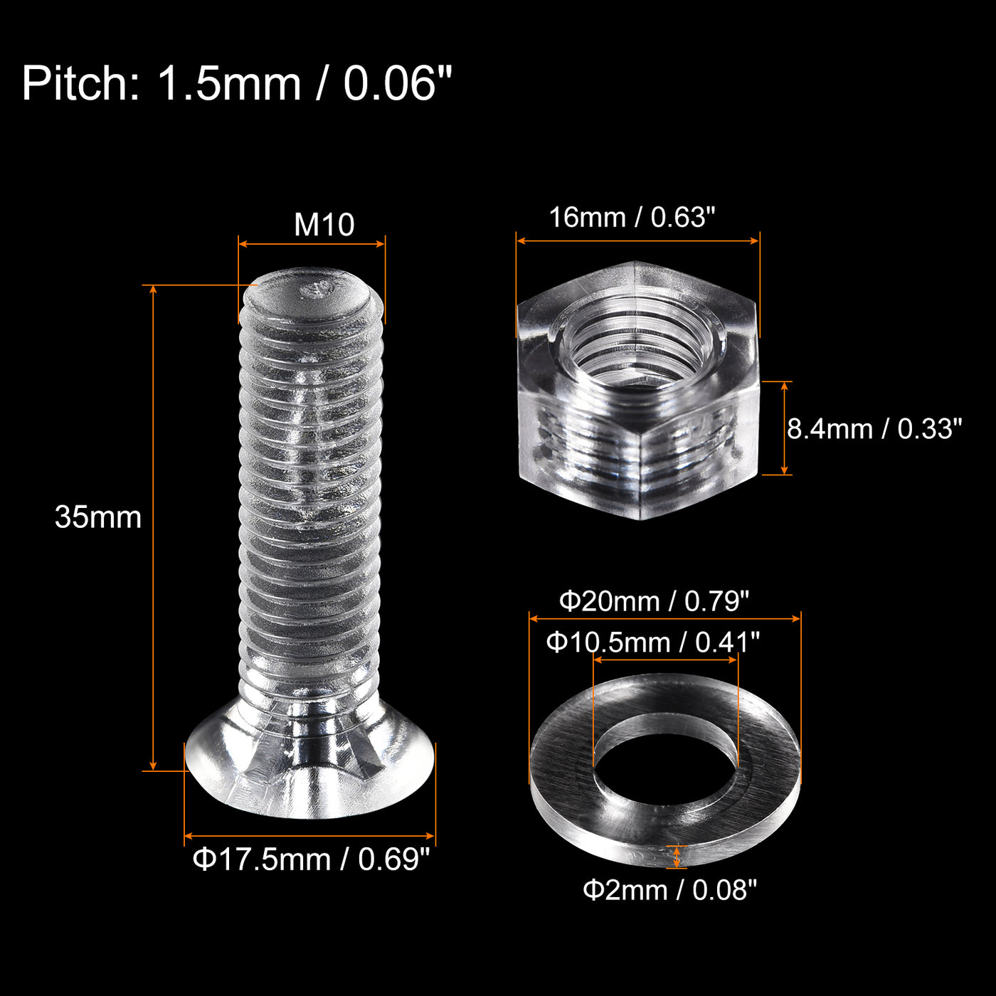 uxcell Uxcell 20 Sätze Kreuzschlitz Maschinenschrauben M10 x 35mm Kunststoff mit Muttern und Unterlegscheiben PC Flachkopf Maschinenschrauben Transparent