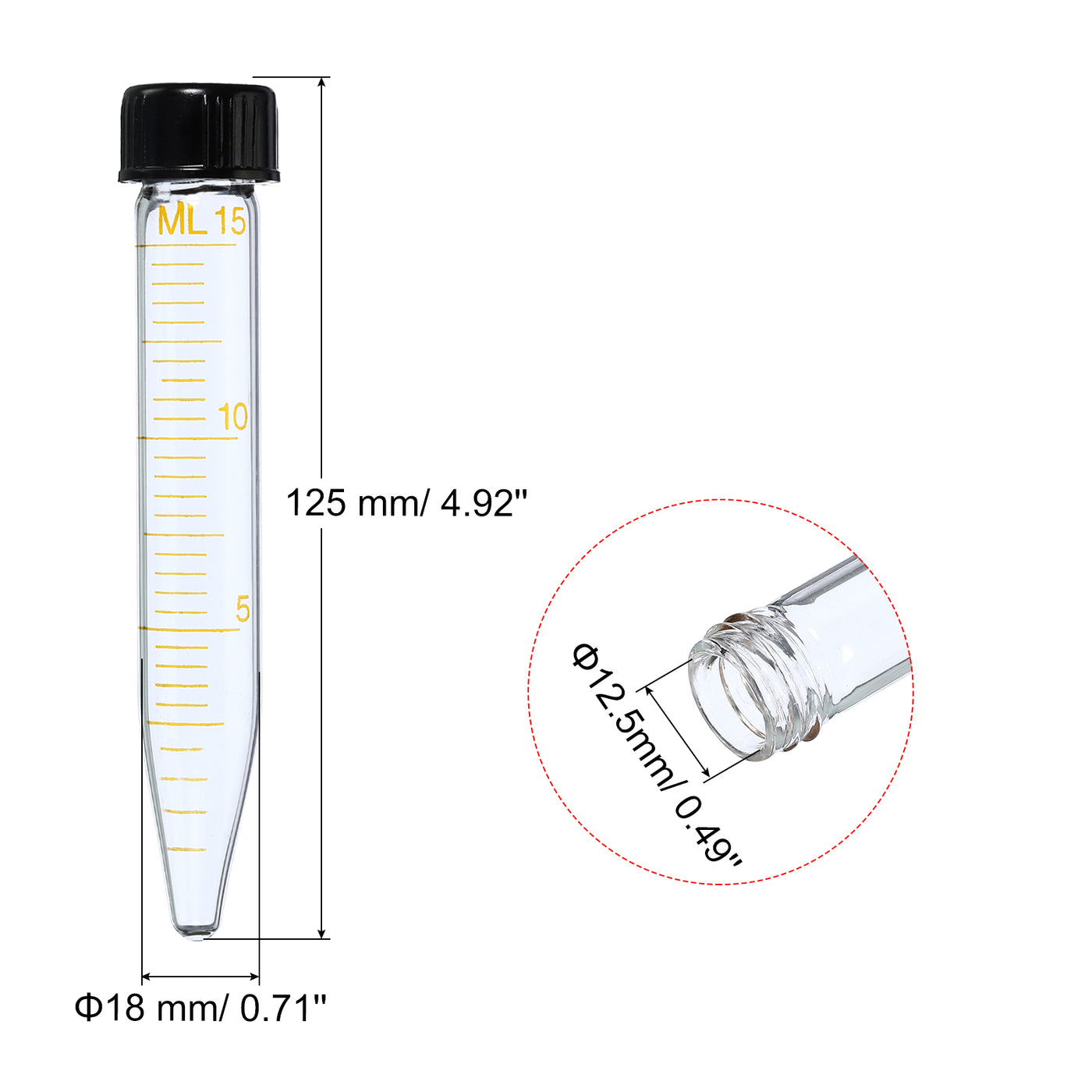 Harfington 15mL 125mm Length Glass Test Tube, 1 Pack Round Bottom Screw Cap for Chemical Laboratory, Transparent