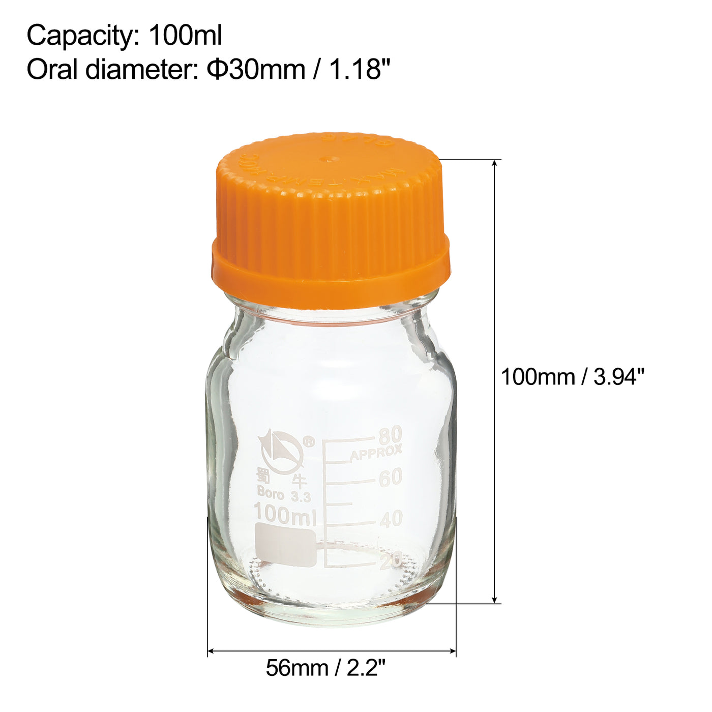 Harfington 100mL Clear Reagent Media Graduated Borosilicate Glass Storage Bottle Yellow Cap