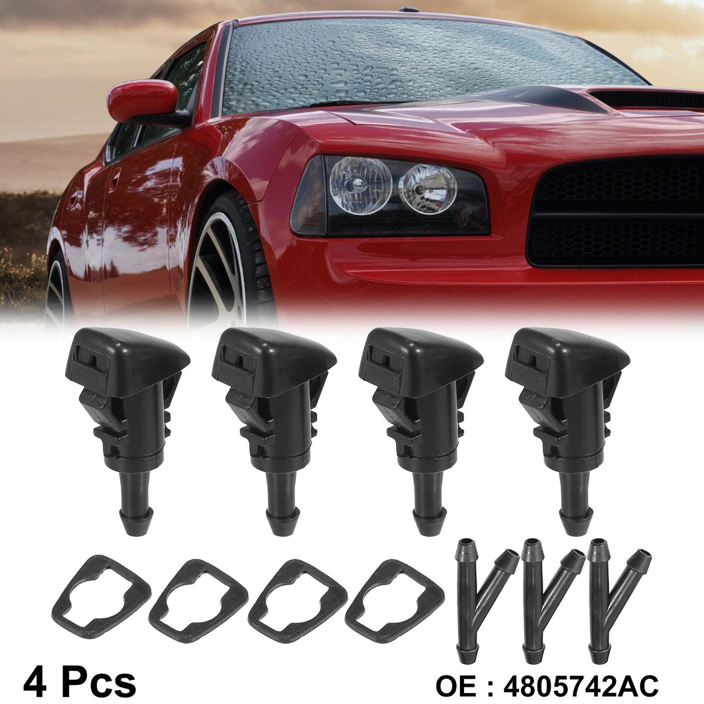 X AUTOHAUX 4pcs Car Front Windshield Washer Nozzles for Dodge Avenger Charger Durango for Chrysler for Jeep Compass Replaces 4805742AC with 3 Pcs Hose Connectors