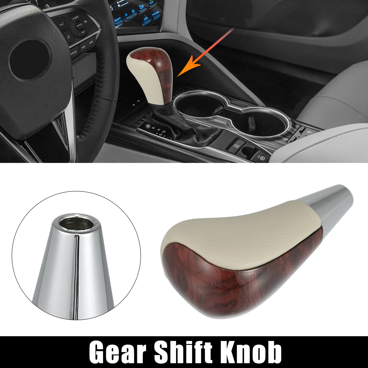 X AUTOHAUX M8x1.25 Car Gear Shift Knob Gear Lever Shifter for Toyota Camry Avalon Yaris 4Runner for Lexus ES300 ES330 Brown Wood Pattern Beige Faux Leather