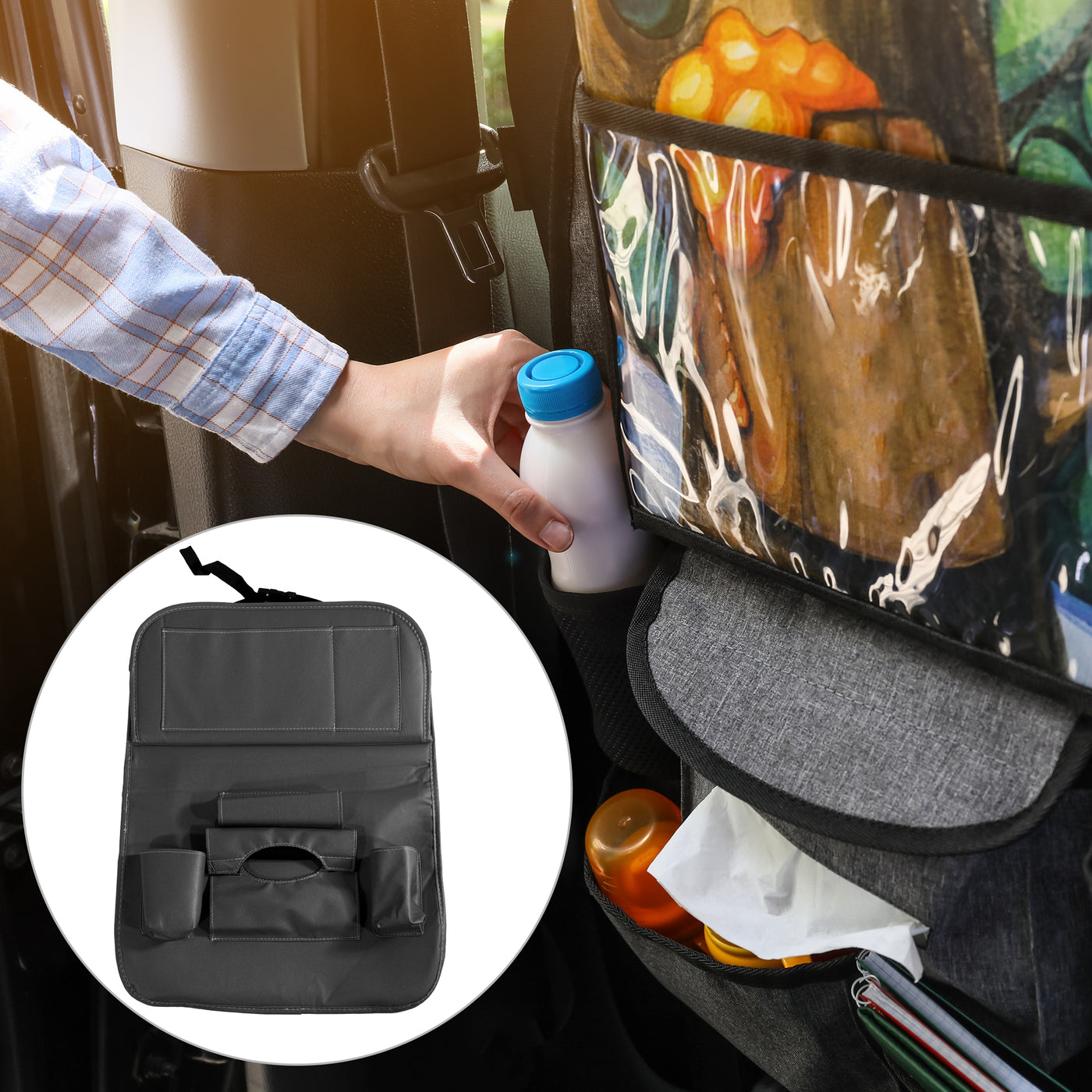 X AUTOHAUX Car Back Seat Organizer Backseat Kick Mat Protector with Foldable Dining Table Tray Tissue Box Storage Bag for Road Trip Accessories PU Leather