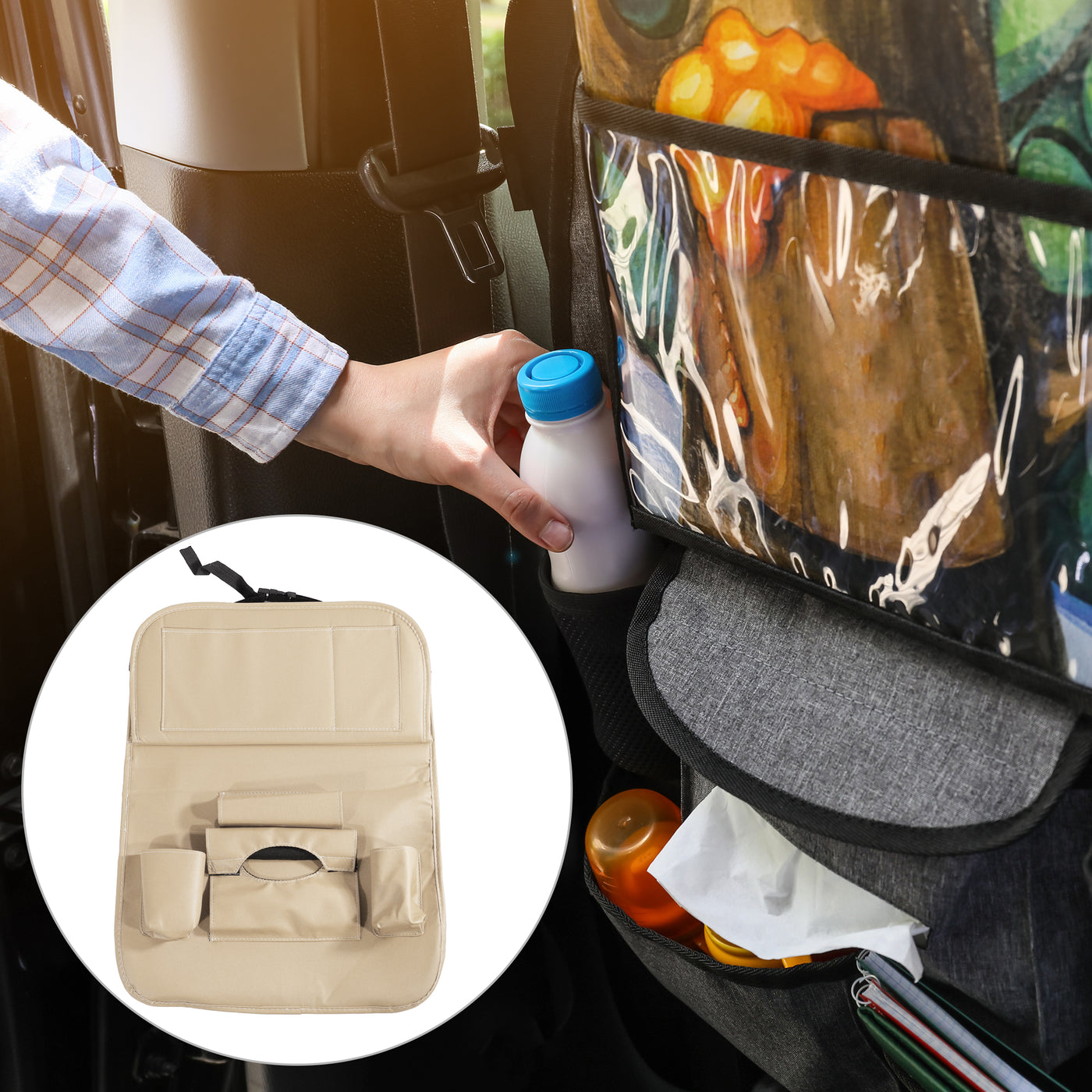 X AUTOHAUX Car Back Seat Organizer Backseat Kick Mat Protector with Foldable Dining Table Tray Tissue Box Storage Bag for Road Trip Accessories PU Leather