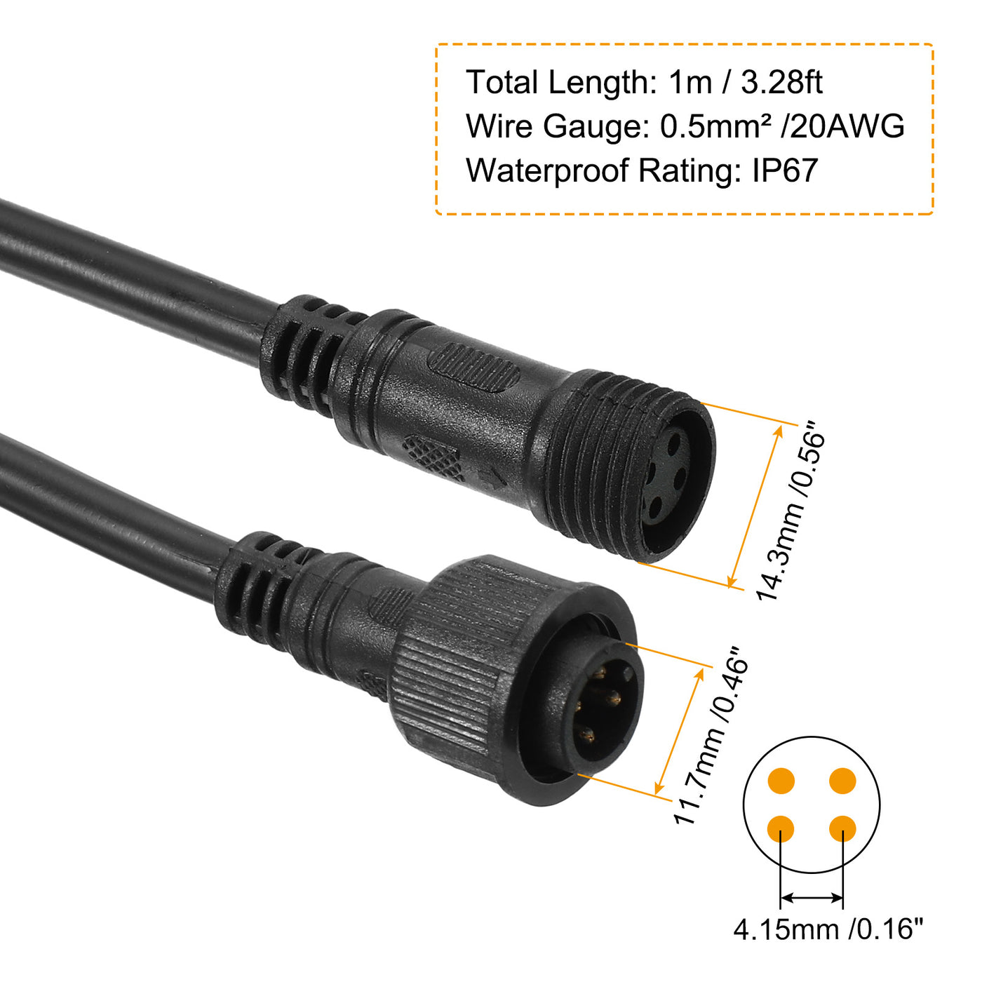 Harfington Extension Cable Wire Waterproof Connector with Male and Female at Both Ends