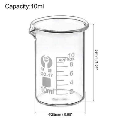 Harfington 10ml Low Form Glass Beaker, 2 Pack 3.3 Borosilicate Glass Graduated Printed Scale Measuring Cups with Spout for Kitchen Lab Liquids Transit Boiling