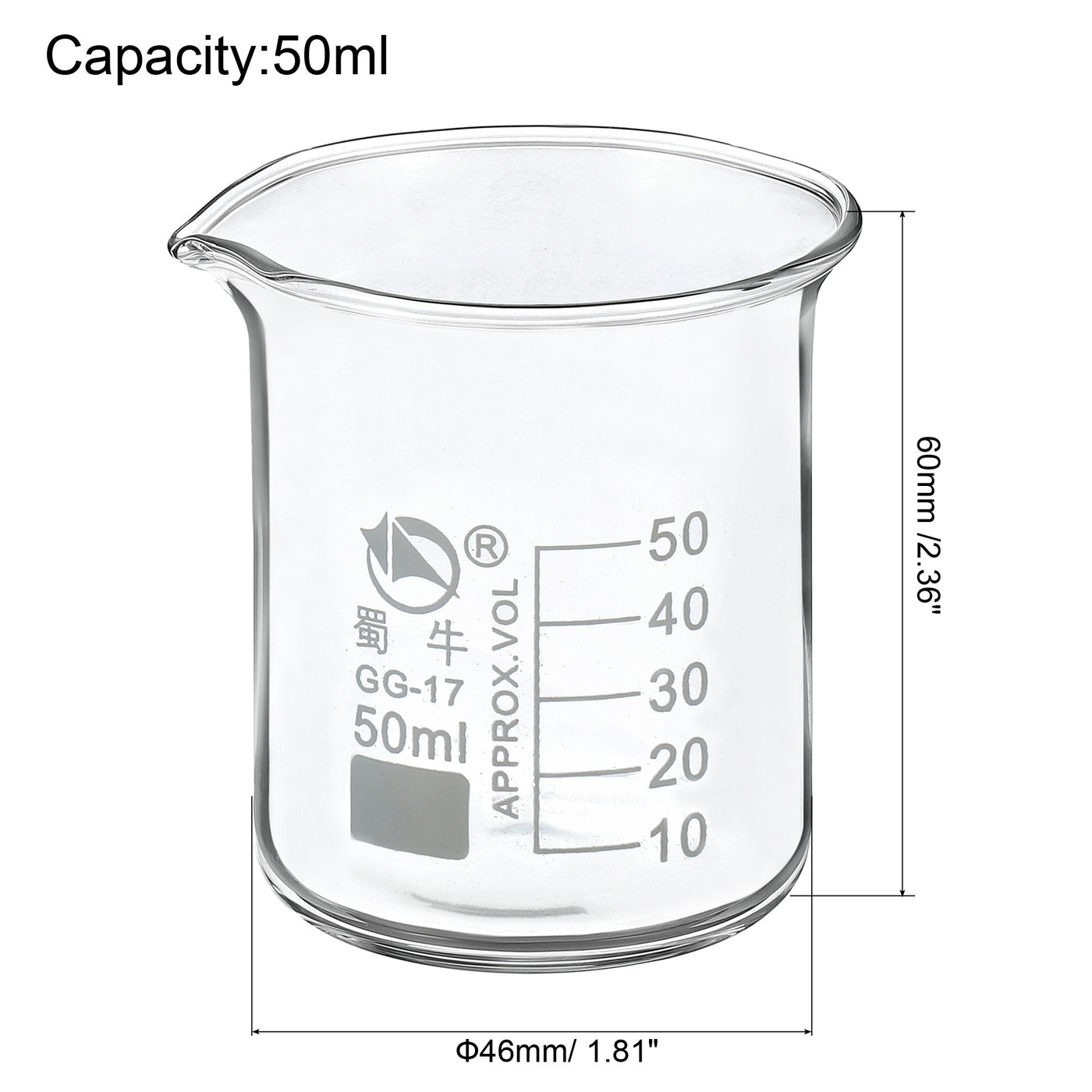 Harfington 2 Packung 50ml niedrige Form Glasbecher 3,3 Borosilikatglas abgestufte gedruckte Skala Labor Messbecher mit Tülle