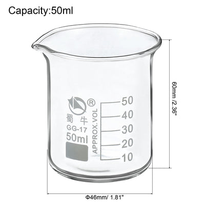 Harfington 2 Packung 50ml niedrige Form Glasbecher 3,3 Borosilikatglas abgestufte gedruckte Skala Labor Messbecher mit Tülle