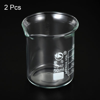 Harfington 2 Packung 50ml niedrige Form Glasbecher 3,3 Borosilikatglas abgestufte gedruckte Skala Labor Messbecher mit Tülle