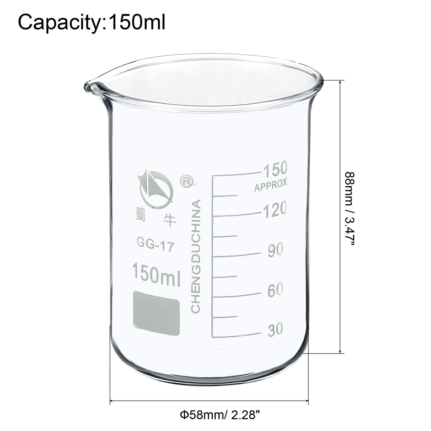 Harfington 150ml Low Form Glass Beaker, 2 Pack 3.3 Borosilicate Glass Graduated Printed Scale Measuring Cups with Spout for Kitchen Lab Liquids