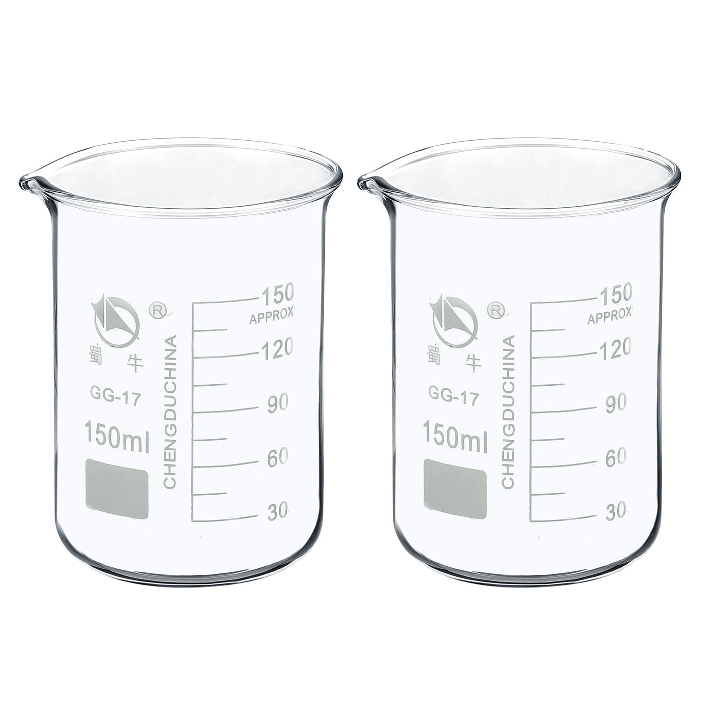 Harfington 150ml Low Form Glass Beaker, 2 Pack 3.3 Borosilicate Glass Graduated Printed Scale Measuring Cups with Spout for Kitchen Lab Liquids