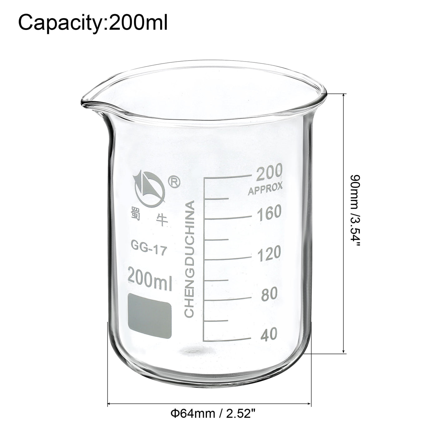 Harfington 200ml niedriger Becher 3,3 Borosilikatglas abgestufte gedruckte Skala Labor Messbecher mit Tülle