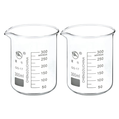 Harfington 2-Pack 300ml niedriger Glasbecher 3,3 Borosilikatglas abgestufte gedruckte Skala Labor Chemieingenieurwesen Messbecher mit Tülle