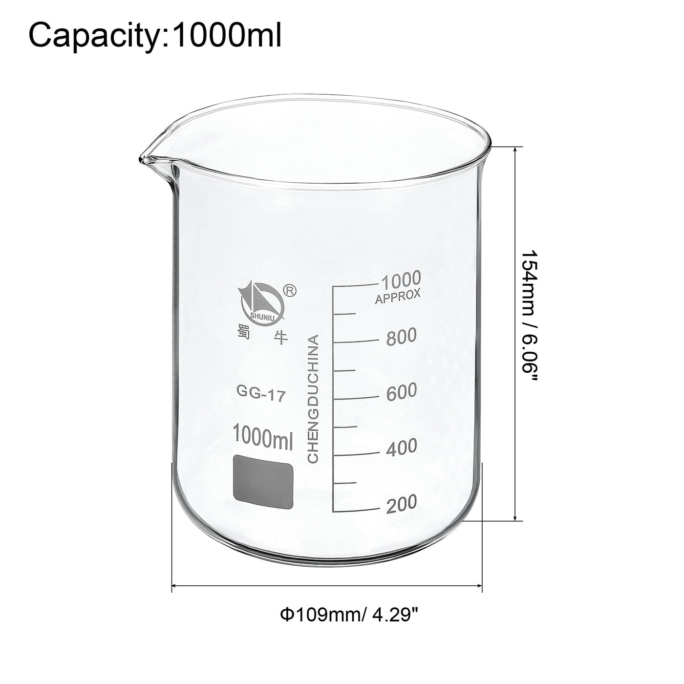 Harfington 1000ml Low Form Glass Beaker, 3.3 Borosilicate Glass Graduated Printed Scale Measuring Cups with Spout for Kitchen Lab Liquids