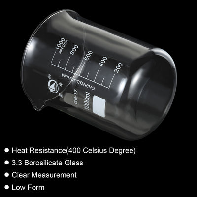 Harfington 1000ml Low Form Glass Beaker, 3.3 Borosilicate Glass Graduated Printed Scale Measuring Cups with Spout for Kitchen Lab Liquids
