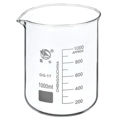 Harfington 1000ml Low Form Glass Beaker, 3.3 Borosilicate Glass Graduated Printed Scale Measuring Cups with Spout for Kitchen Lab Liquids