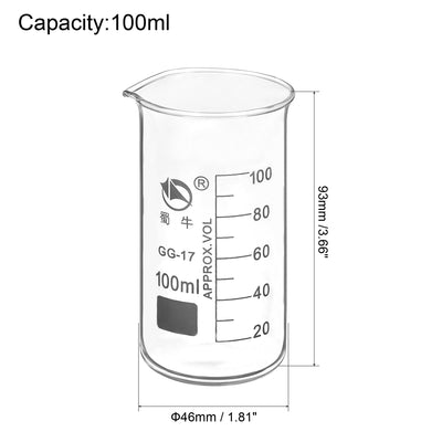 Harfington 100ml Tall Form Glass Beaker, 2 Pack 3.3 Borosilicate Glass Graduated Printed Scale Measuring Cups with Spout for Kitchen Lab Liquids