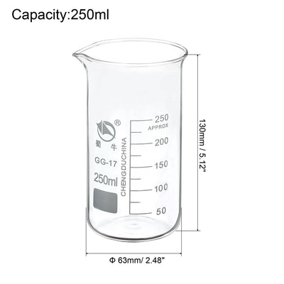 Harfington 250ml Tall Form Glass Beaker, 2 Pack 3.3 Borosilicate Glass Graduated Printed Scale Measuring Cups with Spout for Kitchen Lab Liquids