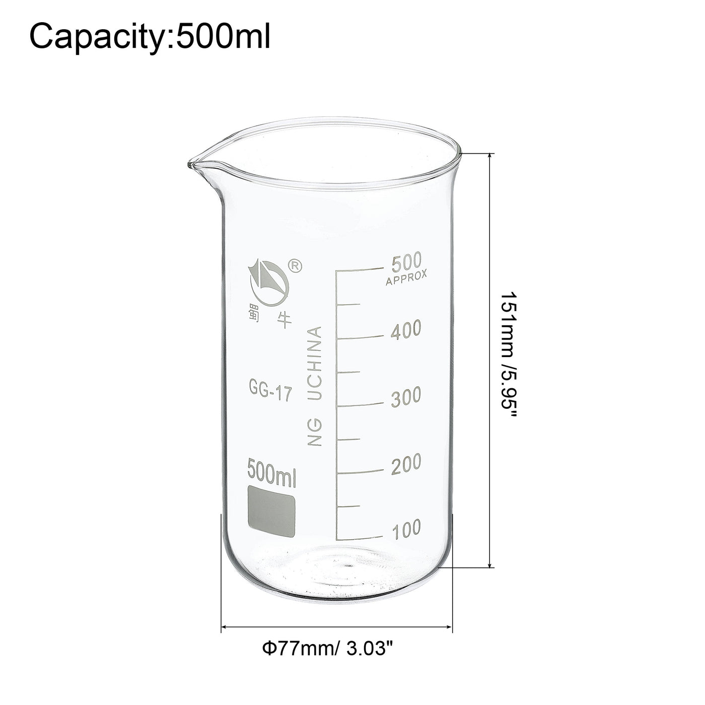 Harfington 500ml hoher Glasbecher 3,3 Borosilikatglas abgestufte gedruckte Skala Messbecher mit Tülle für Labor Flüssigkeit