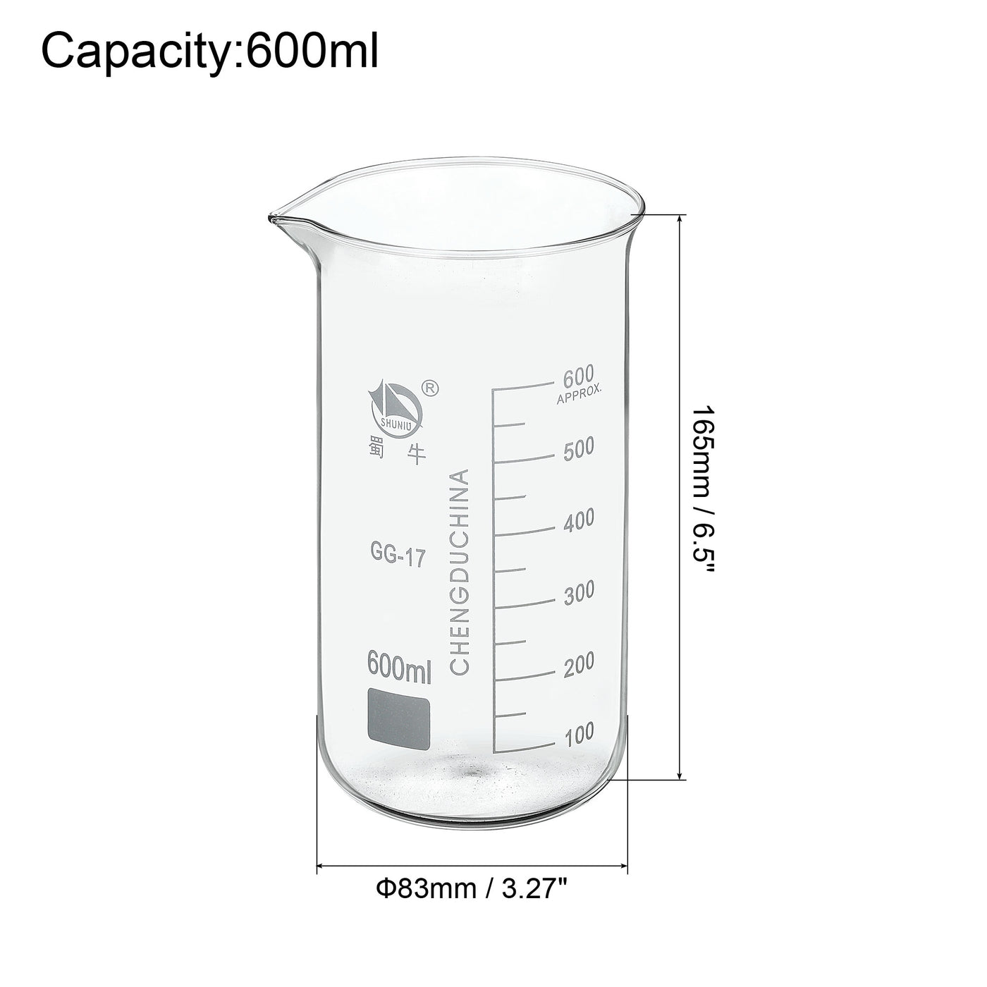 Harfington 600ml Tall Form Glass Beaker, 3.3 Borosilicate Glass Graduated Printed Scale Measuring Cups with Spout for Kitchen Lab Liquids