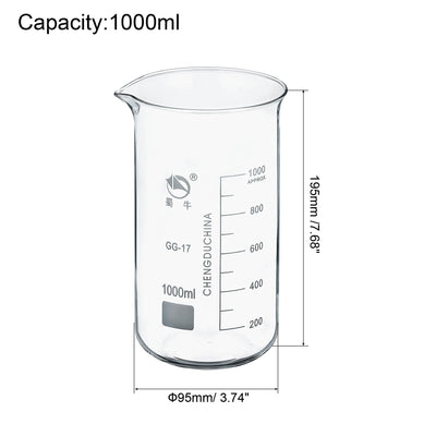 Harfington 1000ml Tall Form Glass Beaker, 2 Pack 3.3 Borosilicate Glass Graduated Printed Scale Measuring Cups with Spout for Kitchen Lab Liquids