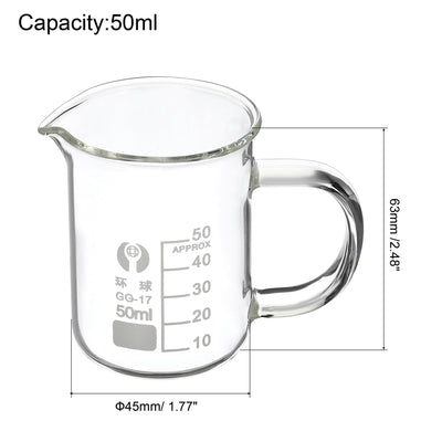 Harfington 50ml Glass Beaker with Handle, 3.3 Borosilicate Glass Graduated Printed Scale Measuring Cups with Spout for Kitchen Lab Liquids