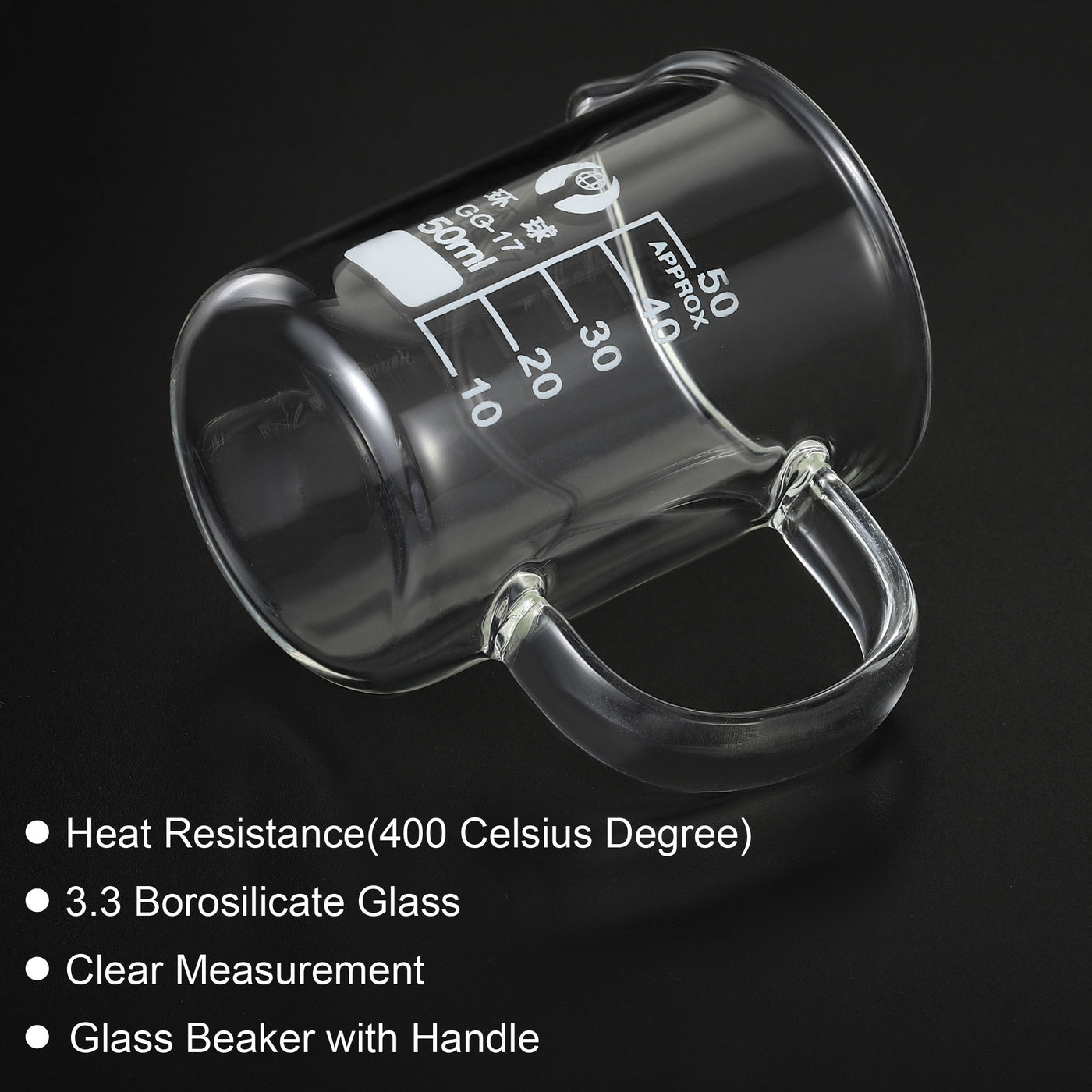 Harfington 50ml Glass Beaker with Handle, 3.3 Borosilicate Glass Graduated Printed Scale Measuring Cups with Spout for Kitchen Lab Liquids