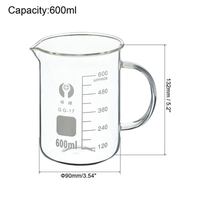 Harfington 600ml Glass Beaker with Handle, 3.3 Borosilicate Glass Graduated Printed Scale Measuring Cups with Spout for Kitchen Lab Liquids