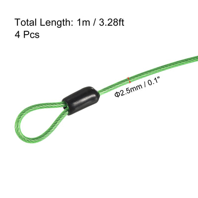 Harfington Security Steel Cable 2.5mmx1m Coated Luggage Lock Rope W Loop Green 4Pcs