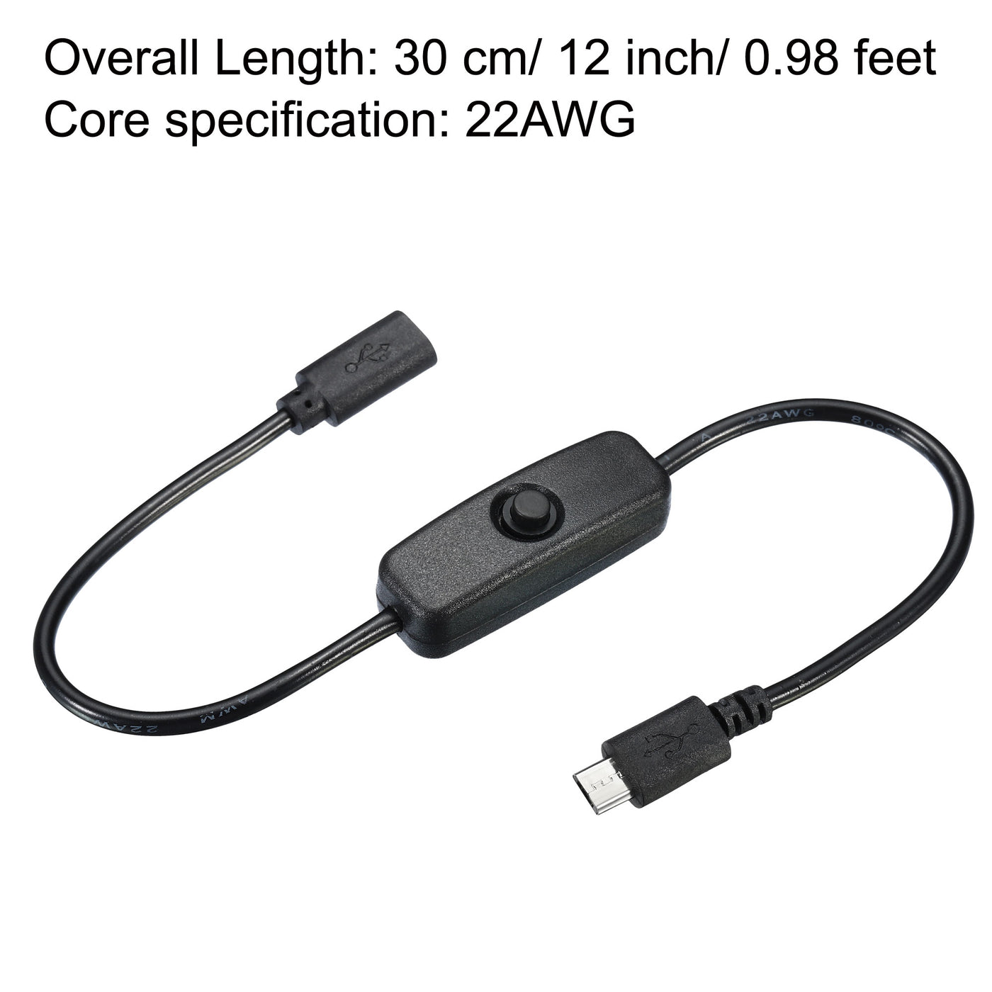 Harfington Micro USB Cable with on Off Power Switch, 1ft Male to Female Extension Connector for LED Strips USB Fan, Black