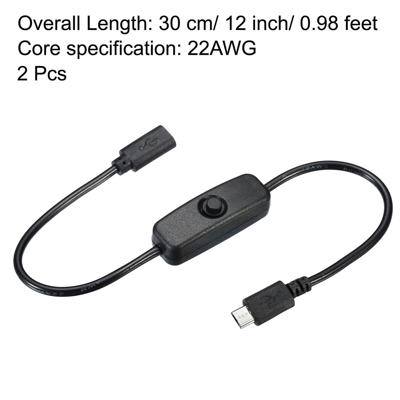 Harfington Micro USB Cable with on Off Power Switch, 2 Packs 1ft Male to Female Extension Connector for LED Strips USB Fan, Black