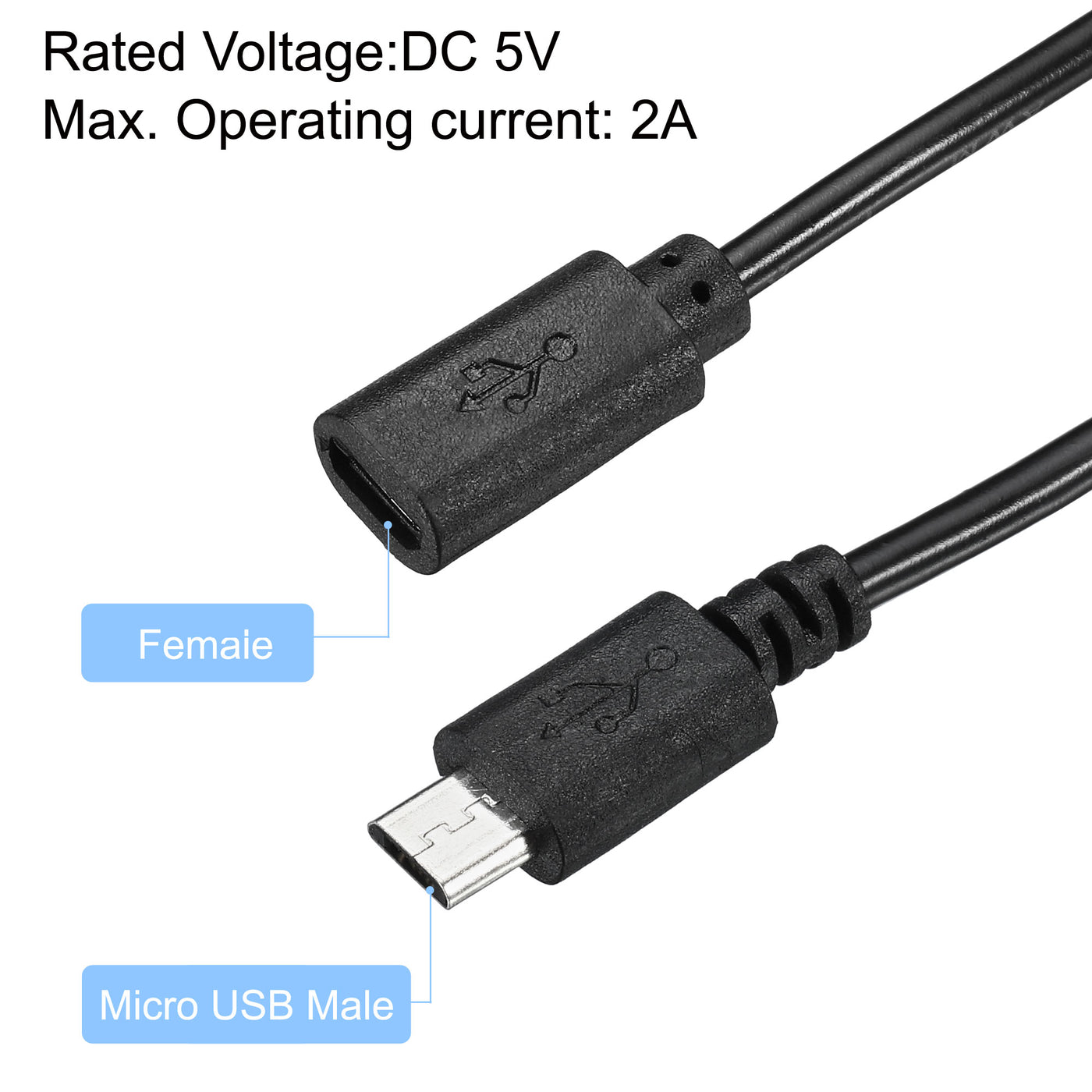 Harfington Micro USB Cable with on Off Power Switch, 2 Packs 1ft Male to Female Extension Connector for LED Strips USB Fan, Black