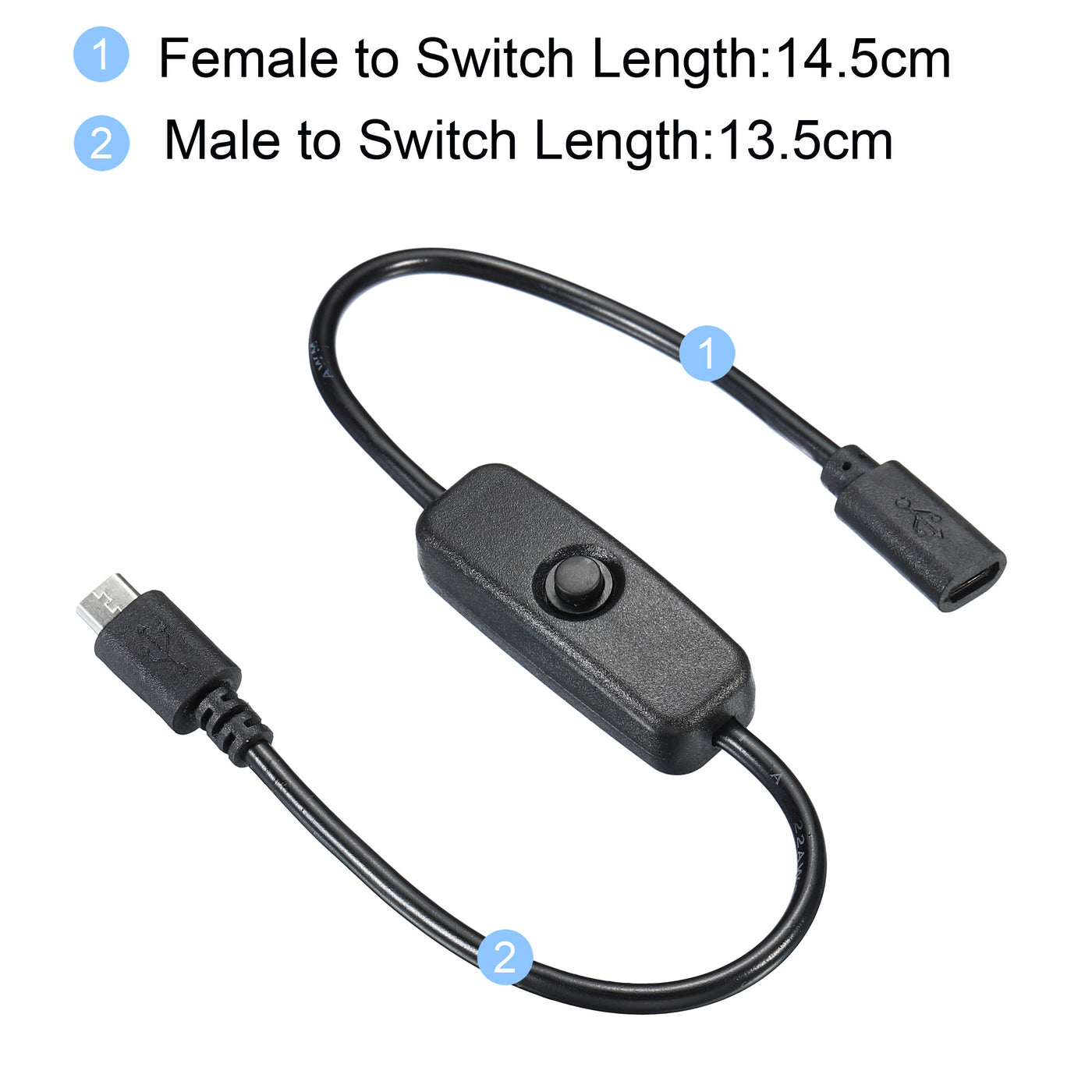 Harfington Micro USB Cable with on Off Power Switch, 2 Packs 1ft Male to Female Extension Connector for LED Strips USB Fan, Black