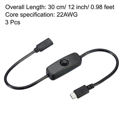 Harfington Micro USB Cable with on Off Power Switch, 3 Packs 1ft Male to Female Extension Connector for LED Strips USB Fan, Black