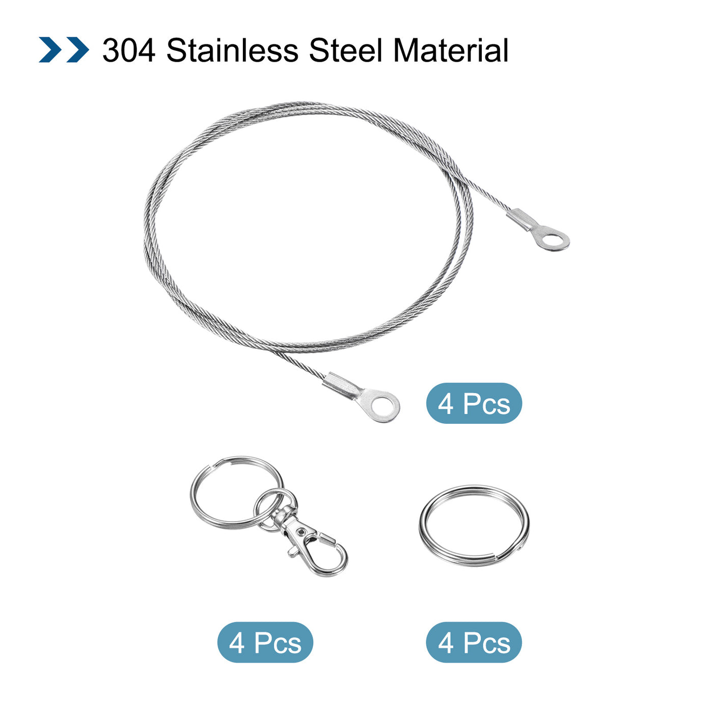 Harfington 4 Stück Edelstahl Lanyard Kabel 1.5mmx100cm Ösen Ende Sicherheit Drahtseil mit 4 Stk. Schlüsselring 4 Stk.Schlüsselanhänger