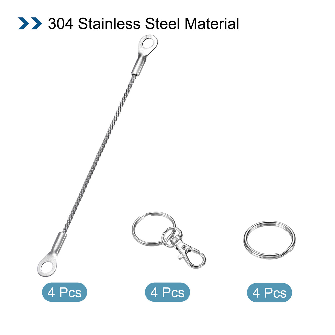 Harfington 4 Stück Edelstahl Lanyard Kabel 2mmx10cm Ösen Ende Sicherheit Drahtseil mit 4 Stk. Schlüsselring 4 Stk.Schlüsselanhänger