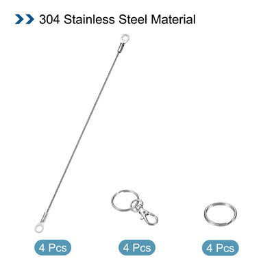 Harfington 4 Stück Edelstahl Lanyard Kabel 2mmx20cm Ösen Ende Sicherheit Drahtseil mit 4 Stk. Schlüsselring 4 Stk.Schlüsselanhänger