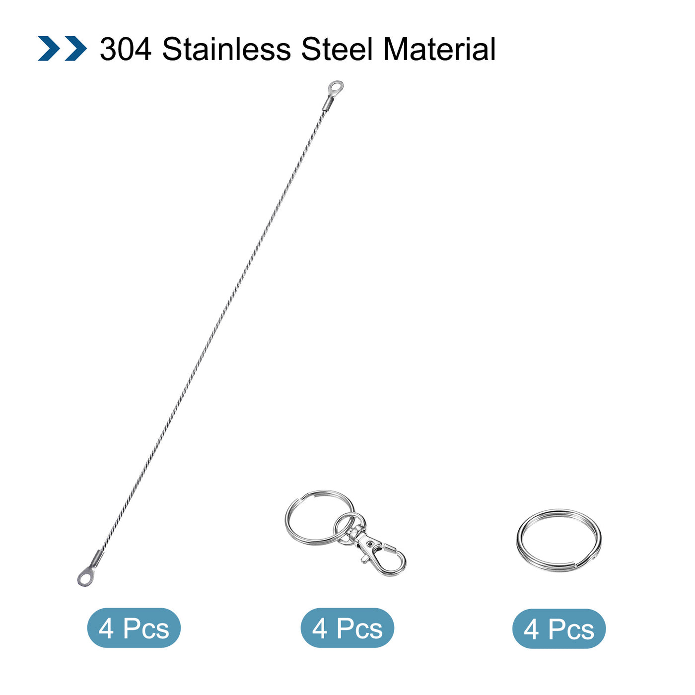 Harfington 4 Stück Edelstahl Lanyard Kabel 2mmx30cm Ösen Ende Sicherheit Drahtseil mit 4 Stk. Schlüsselring 4 Stk.Schlüsselanhänger