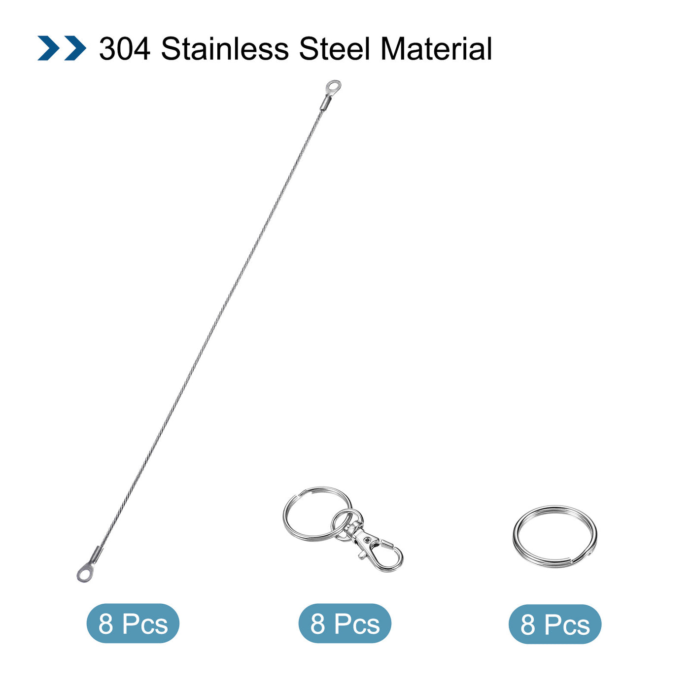 Harfington 8 Stück Edelstahl Lanyard Kabel 2mmx30cm Ösen Ende Sicherheit Drahtseil mit 8 Stk. Schlüsselring 8 Stk.Schlüsselanhänger