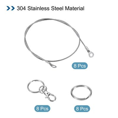 Harfington 8 Stück Edelstahl Lanyard Kabel 2mmx50cm Ösen Ende Sicherheit Drahtseil mit 8 Stk. Schlüsselring 8 Stk.Schlüsselanhänger