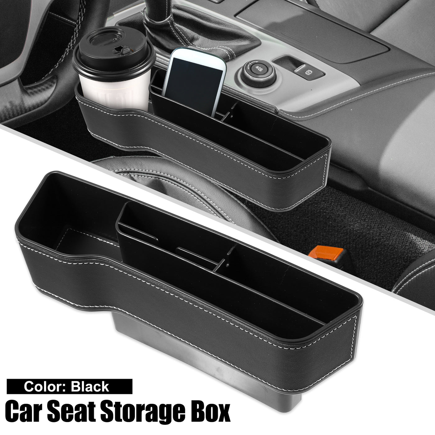 X AUTOHAUX Car Seat Gap Storage Box Seat Gap Filler Multifunctional Car Seat Organizer PU Leather Console Side Pocket Front Seat Driver Side for Holding Phone Drink Cups Black