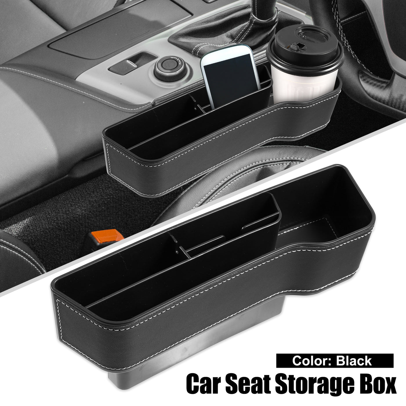 X AUTOHAUX Car Seat Gap Storage Box Seat Gap Filler Multifunctional Car Seat Organizer PU Leather Console Side Pocket Front Seat Passenger Side for Holding Phone Drink Cups Black