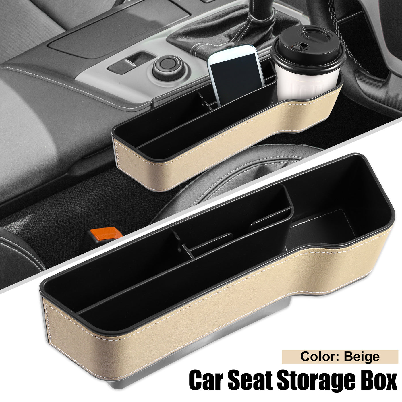 X AUTOHAUX Car Seat Gap Storage Box Seat Gap Filler Multifunctional Seat Organizer PU Leather Console Side Pocket Front Seat for Holding Phone Drink Cups Beige