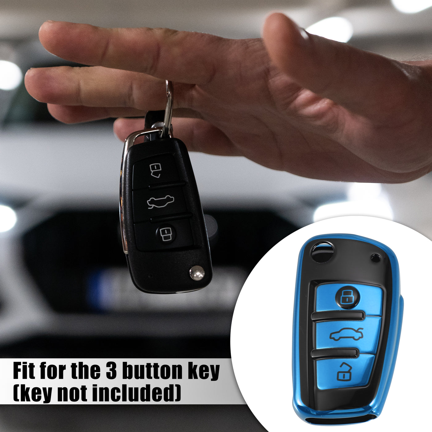 X AUTOHAUX Car Key Fob Cover 3 Button Remote Key Fob Case with Keychain Blue for Audi A1 A3 Q3 Q7 R8 A6L RS6 TT