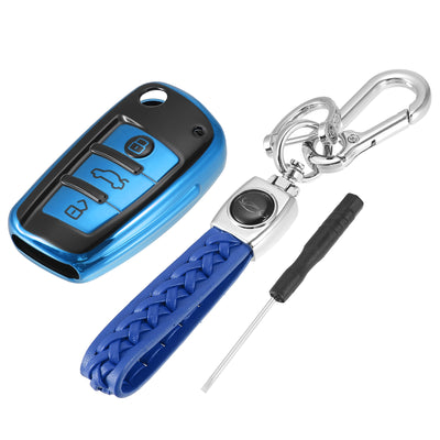 Harfington Car Key Fob Cover 3 Button Remote Key Fob Case with Keychain Blue for Audi A1 A3 Q3 Q7 R8 A6L RS6 TT